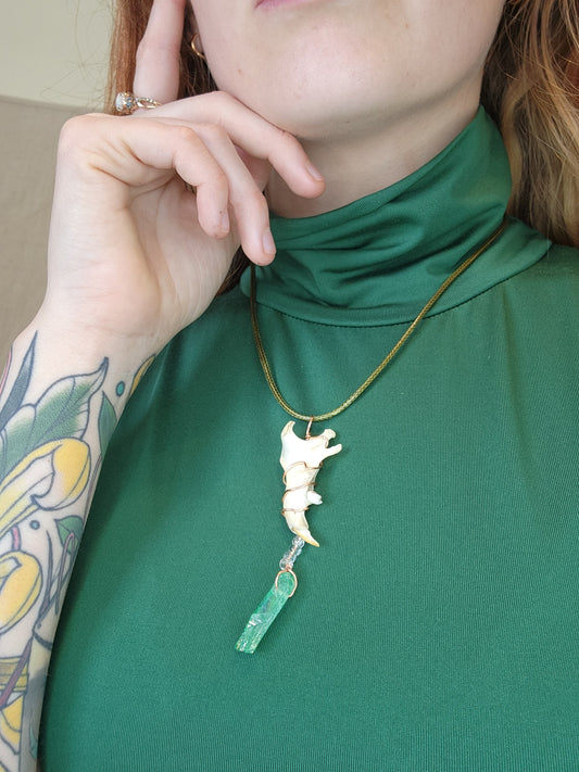 Jaw Bone and green crystal necklace