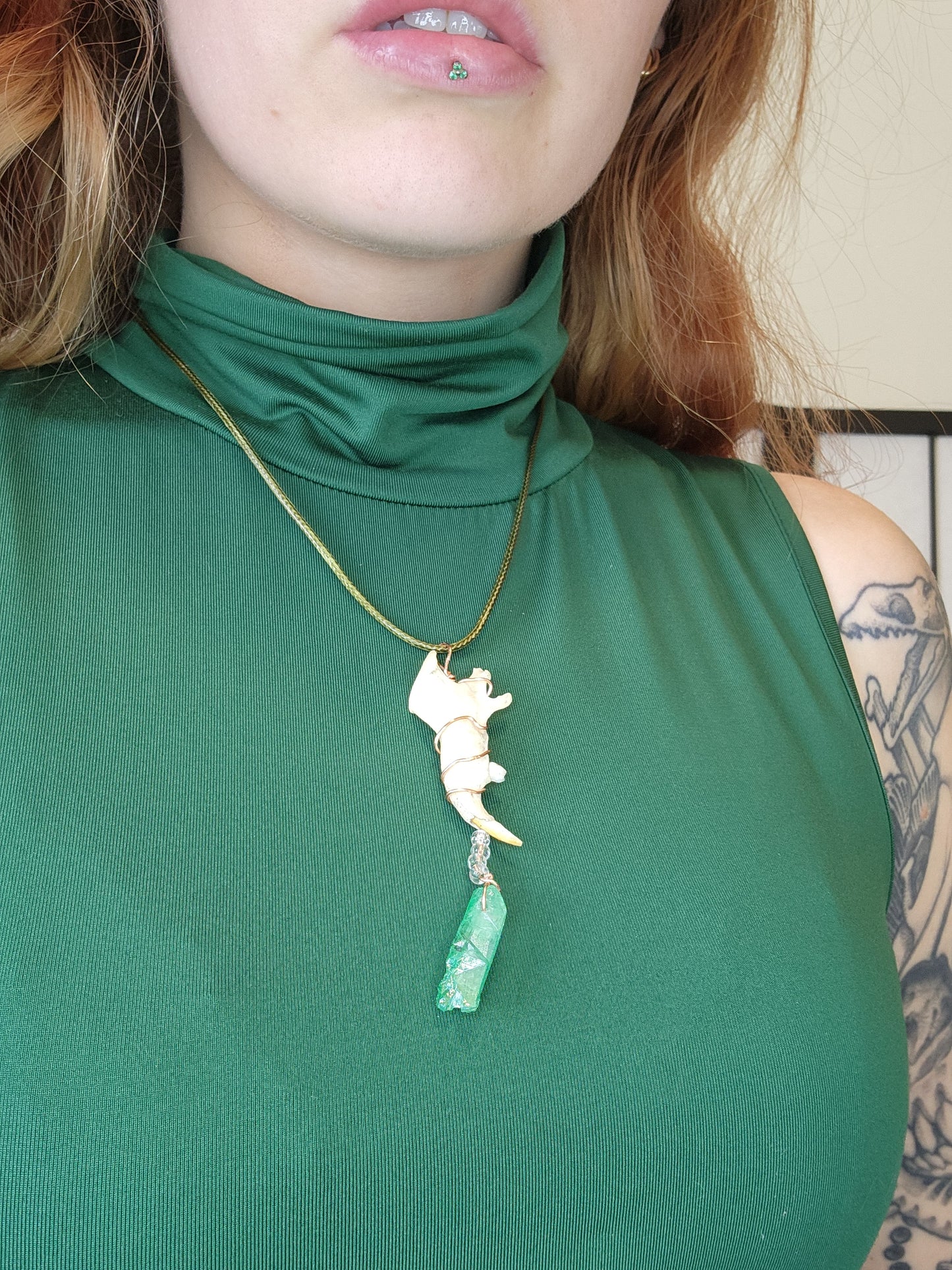 Jaw Bone and green crystal necklace