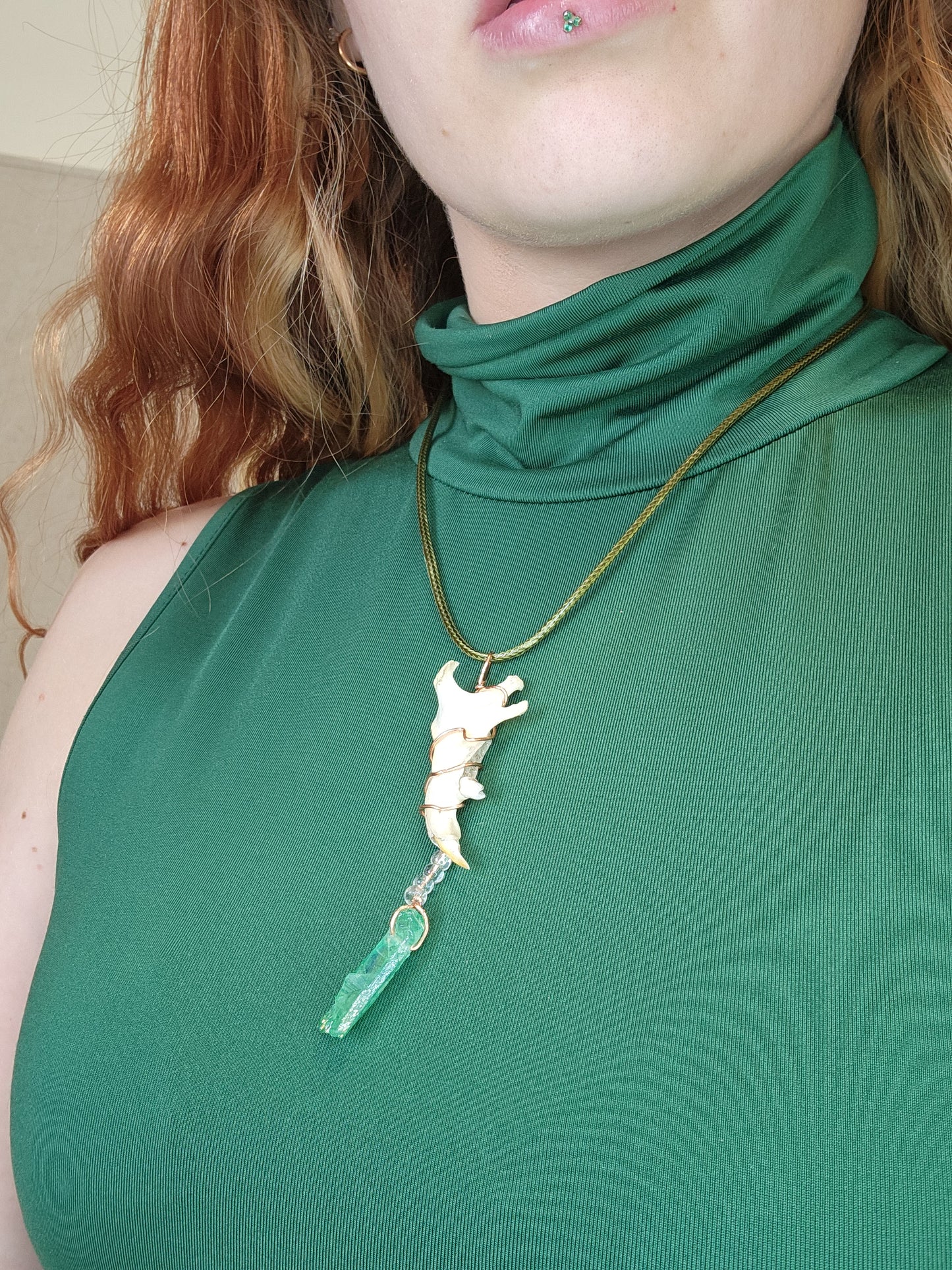 Jaw Bone and green crystal necklace